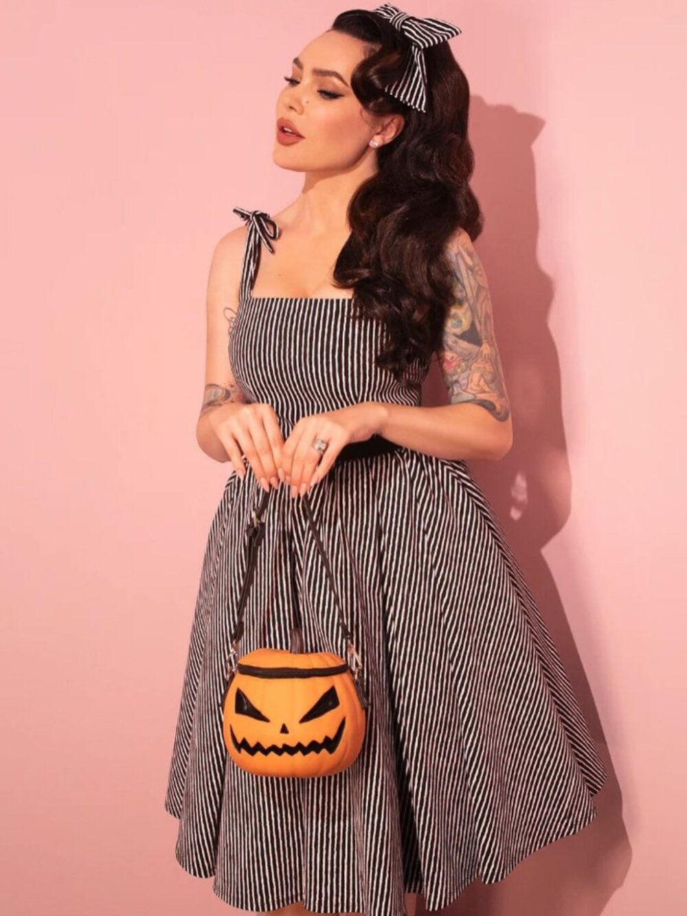 Vixen by Micheline Pitt Dream House Striped Swing Dress Hair Bow Medium NWT